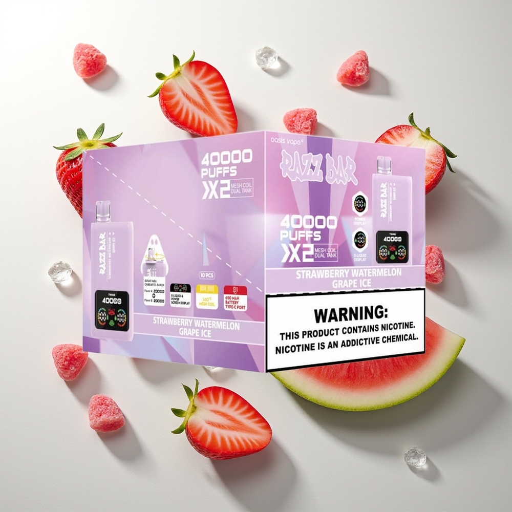 Razz Bar 40000 Züge Display Typ-C Erdbeer-Wassermelone-Traube-Eis 1.0Ohm 2 Mesh Coil 650 Mah 2%5% Nikotin