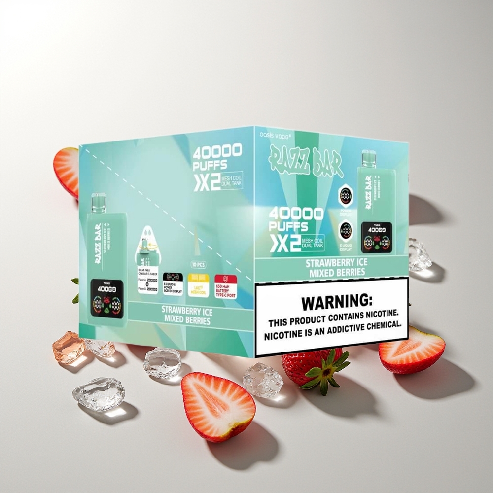 Razz Bar 40000 Züge Erdbeer Eis - Beerenmix Leistungsdisplay 1.0Ohm 2 Mesh Coil 650 Mah Typ-C Port 2% 5% Nikotin