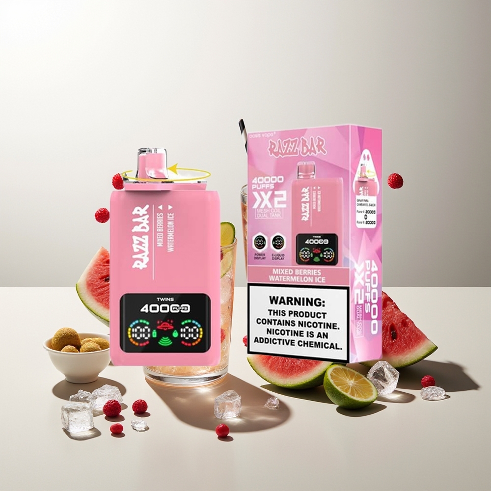 Razz Bar 40000 Züge Mischbeeren-Wassermelonen-Eis Leistungsbildschirm 1.0Ohm 2 Mesh Coil 650mAh Typ-C 2%5% Nikotin