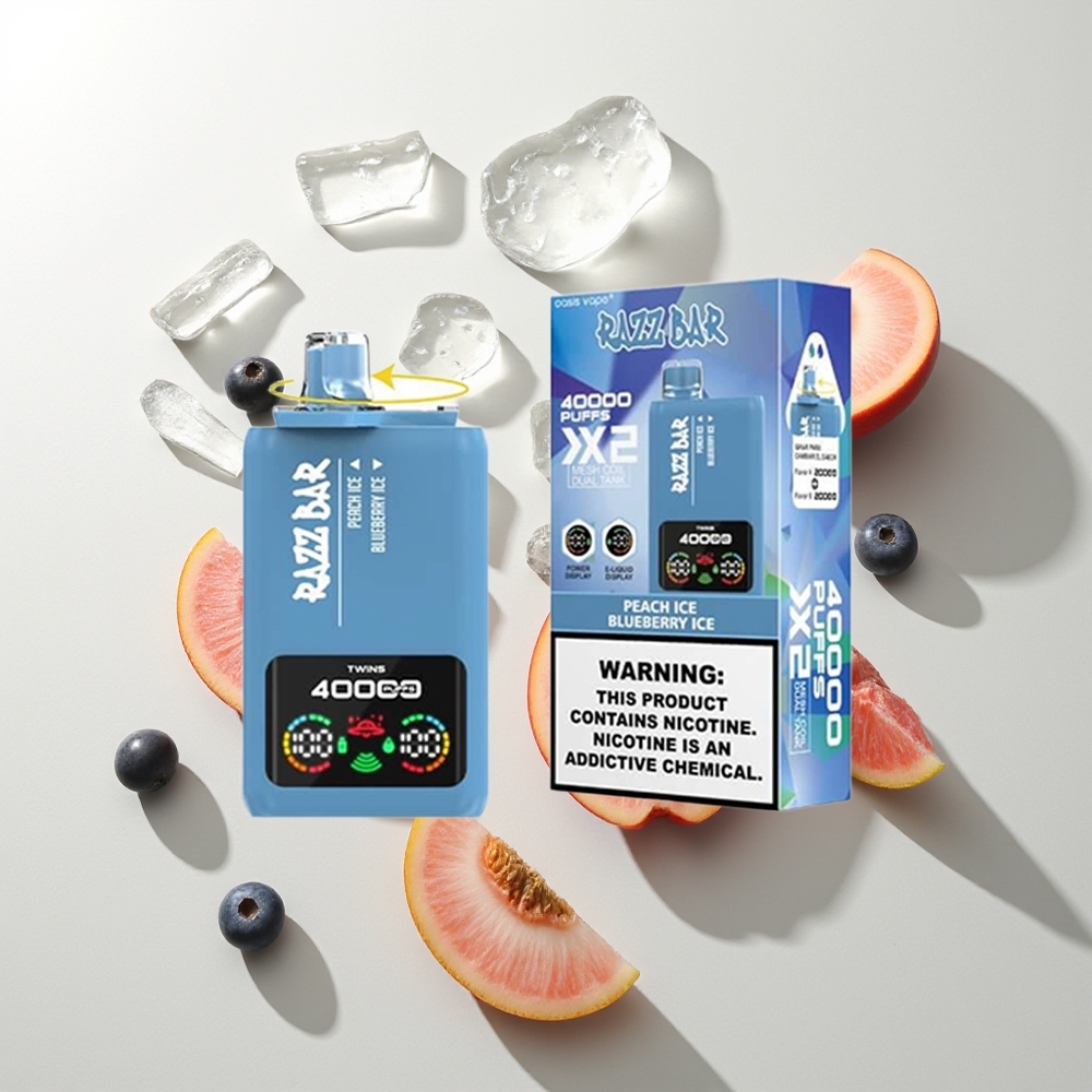 Razz Bar 40000 Züge Pfirsich Eis - Blaubeer Eis Leistungsbildschirm Typ-C 1.0Ohm 2 Mesh Coil 650 Mah 2%5% Nikotin