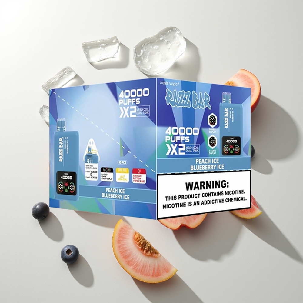 Razz Bar 40000 Züge Pfirsich Eis - Blaubeer Eis Leistungsbildschirm Typ-C 1.0Ohm 2 Mesh Coil 650 Mah 2%5% Nikotin