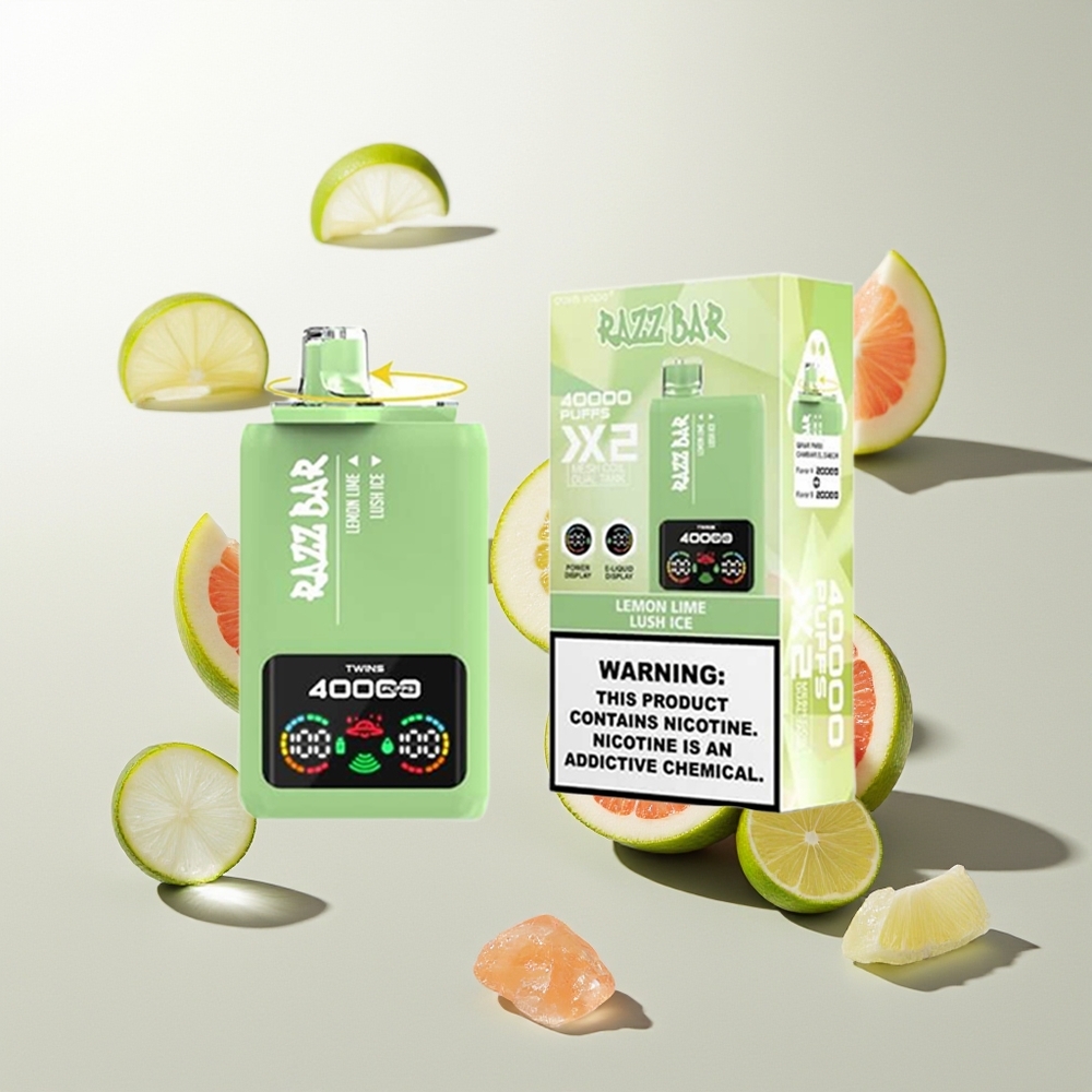 Razz Bar 40000 Züge Zitrone Limette - Lush Eis mit Power Screen Display, 1.0Ohm 2 Mesh Coil, 650 Mah Typ-C Port, 2%,5% Nikotingehalt