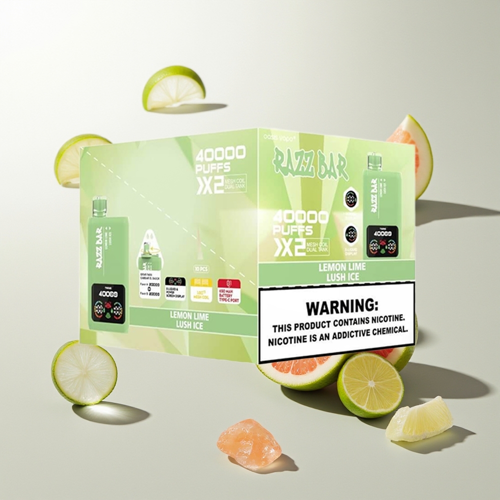 Razz Bar 40000 Züge Zitrone Limette - Lush Eis mit Power Screen Display, 1.0Ohm 2 Mesh Coil, 650 Mah Typ-C Port, 2%,5% Nikotingehalt