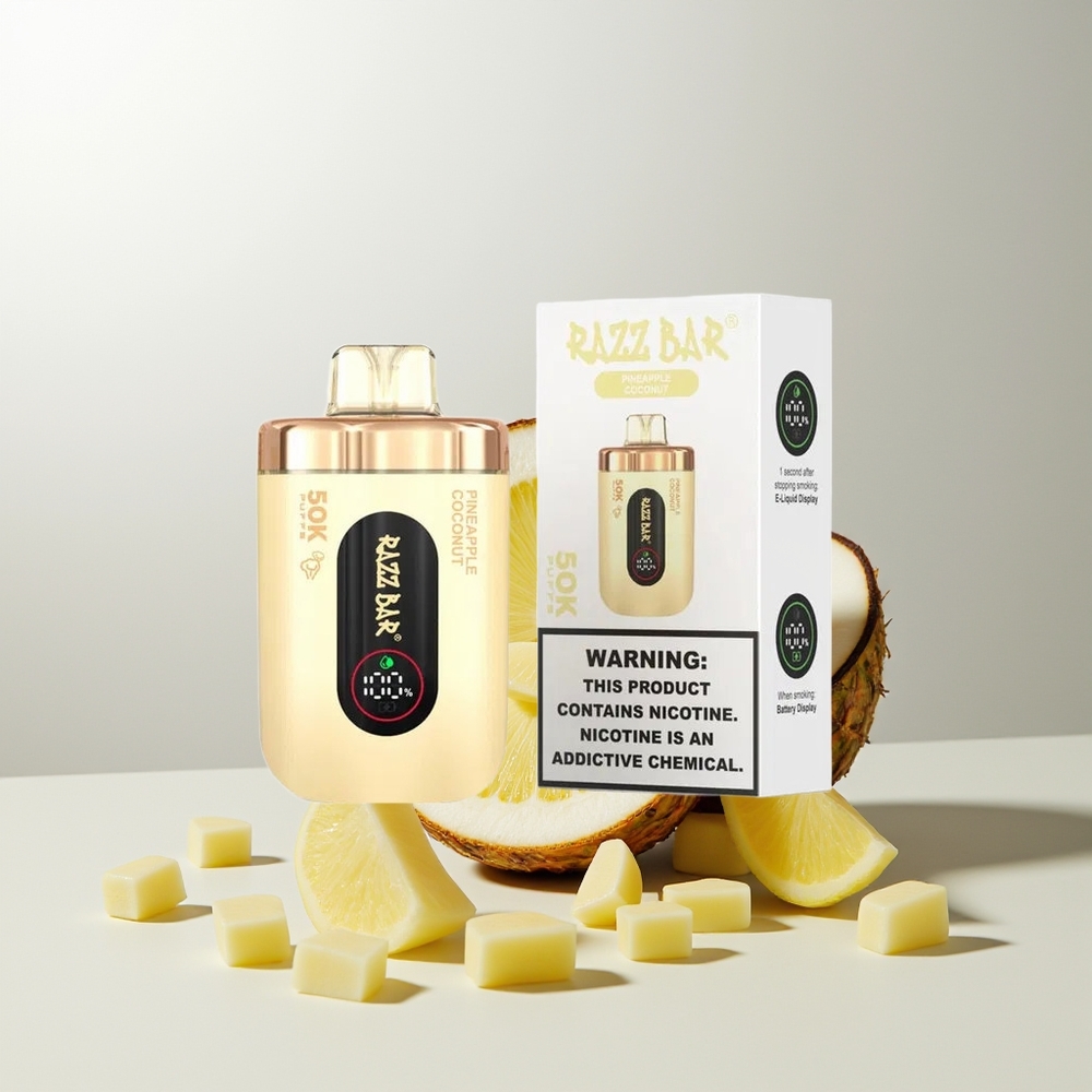 Razz Bar 50K Puffs Wegwerf-Vape Ananas Kokos 1.0 Ohm Mesh 650mAh Typ-C 2% Nikotin