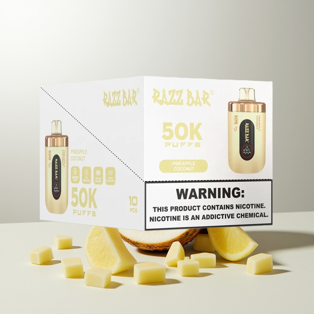 Razz Bar 50K Puffs Wegwerf-Vape Ananas Kokos 1.0 Ohm Mesh 650mAh Typ-C 2% Nikotin
