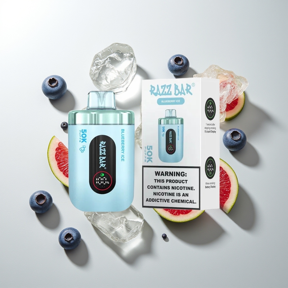 Razz Bar 50K Züge Blaubeere-Eis Einweg-Vape 1.0 Ohm Mesh 650mAh Typ-C 2% Nikotin