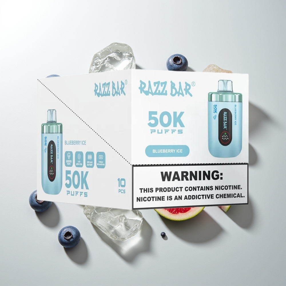 Razz Bar 50K Züge Blaubeere-Eis Einweg-Vape 1.0 Ohm Mesh 650mAh Typ-C 2% Nikotin