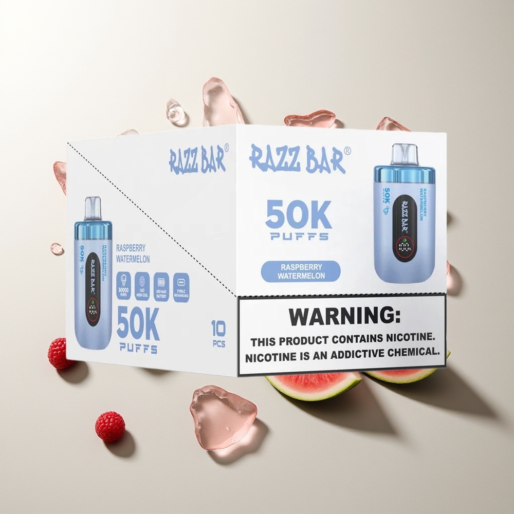 Razz Bar 50K Züge Himbeere Wassermelone 1.0 Ohm Mesh 650mAh Typ-C 2% Nikotin