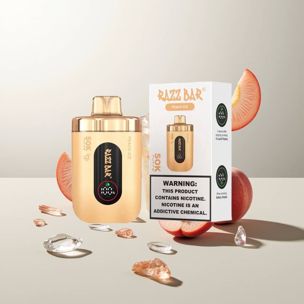 Razz Bar 50K Züge Pfirsich Eis Einweg Vape Typ-C Aufladbar 1,0 Ohm Mesh Coil 650mAh 2% Nikotin