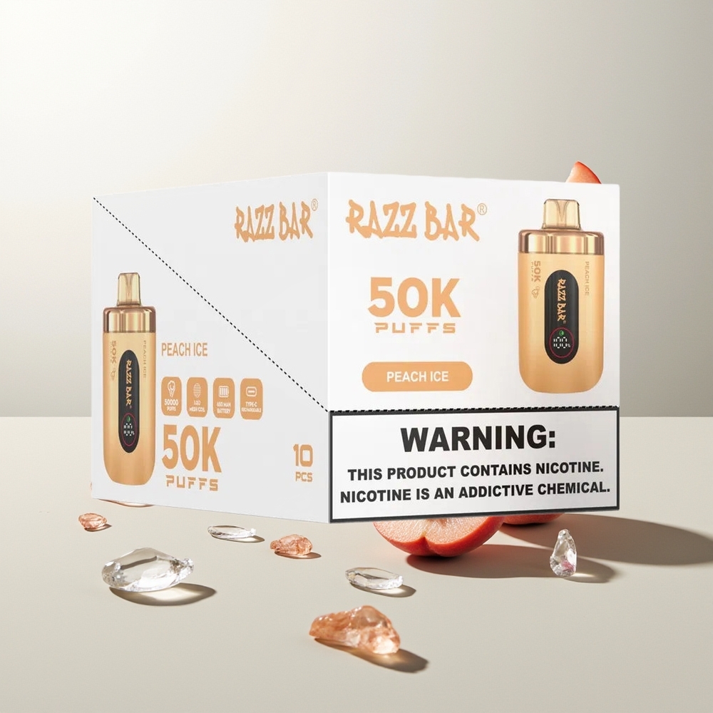 Razz Bar 50K Züge Pfirsich Eis Einweg Vape Typ-C Aufladbar 1,0 Ohm Mesh Coil 650mAh 2% Nikotin