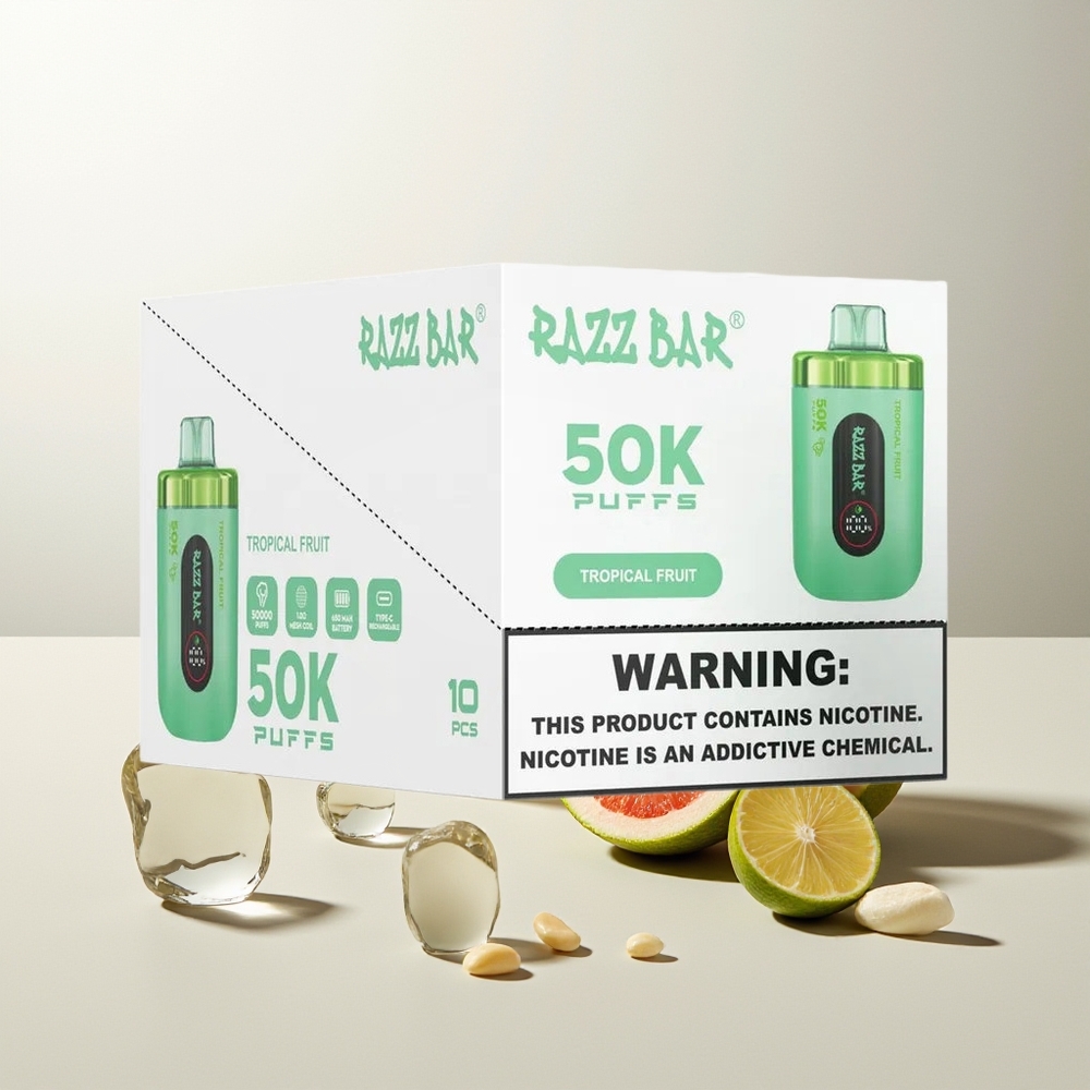 Razz Bar 50K Züge Tropische Früchte Wegwerf-Vape 1.0 Ohm Mesh Typ-C 2% Nikotin