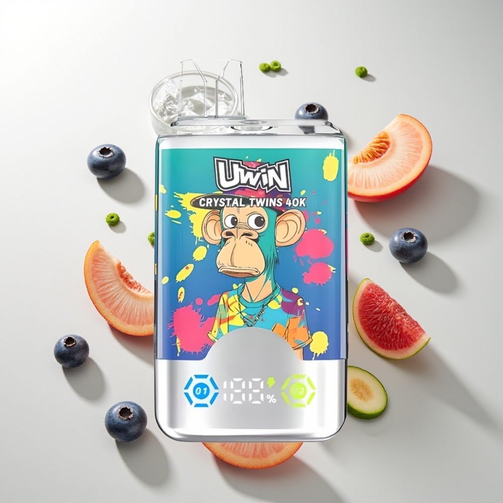 UWIN Crystal Twins 40000 Züge Blaubeere-Eis & Pfirsich-Eis Doppelflavor Mesh 0.6 Ohm Typ-C 850mAh 32ml