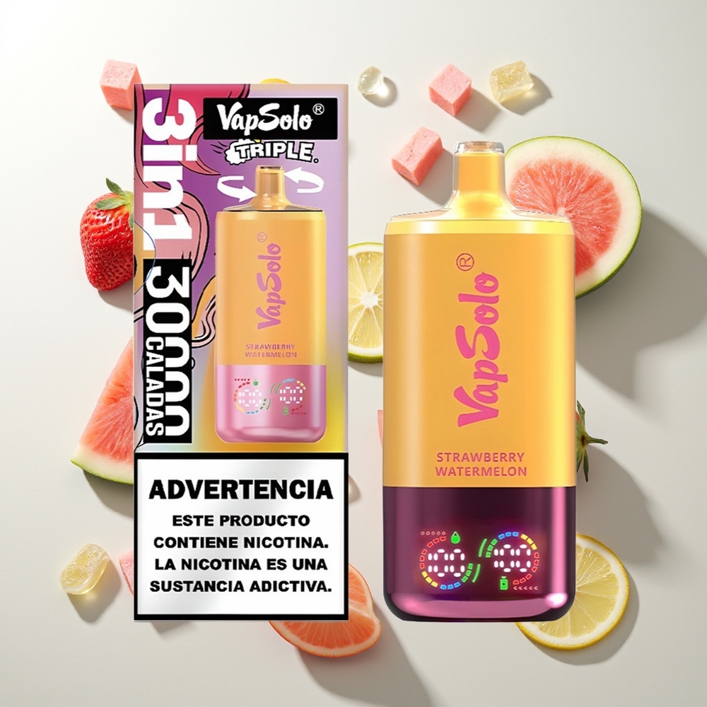 Vapsolo Triple 30000 Puffs Erdbeer-Wassermelone & Zitrone-Pfirsich 40ml 3-Tank Typ-C