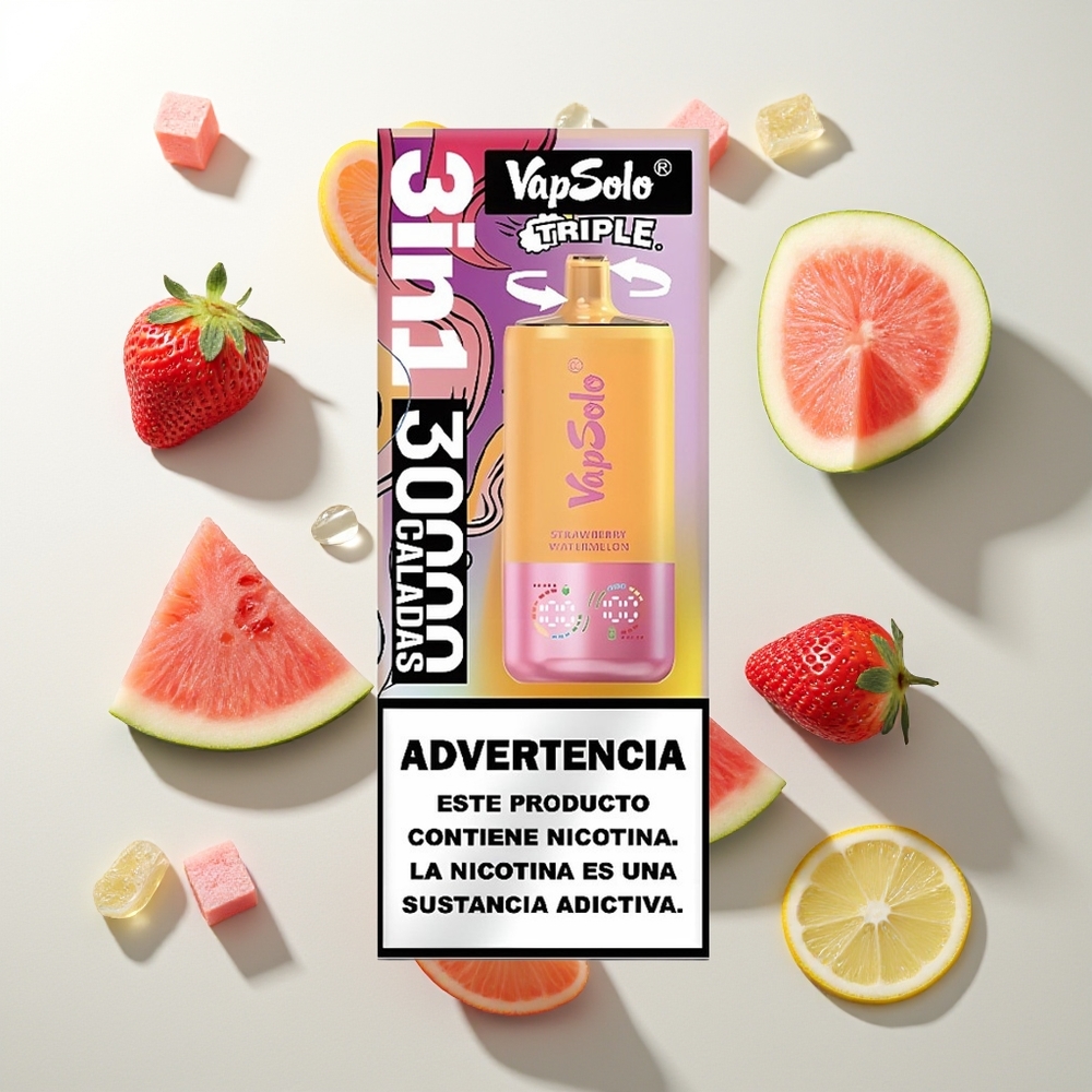 Vapsolo Triple 30000 Puffs Erdbeer-Wassermelone & Zitrone-Pfirsich 40ml 3-Tank Typ-C