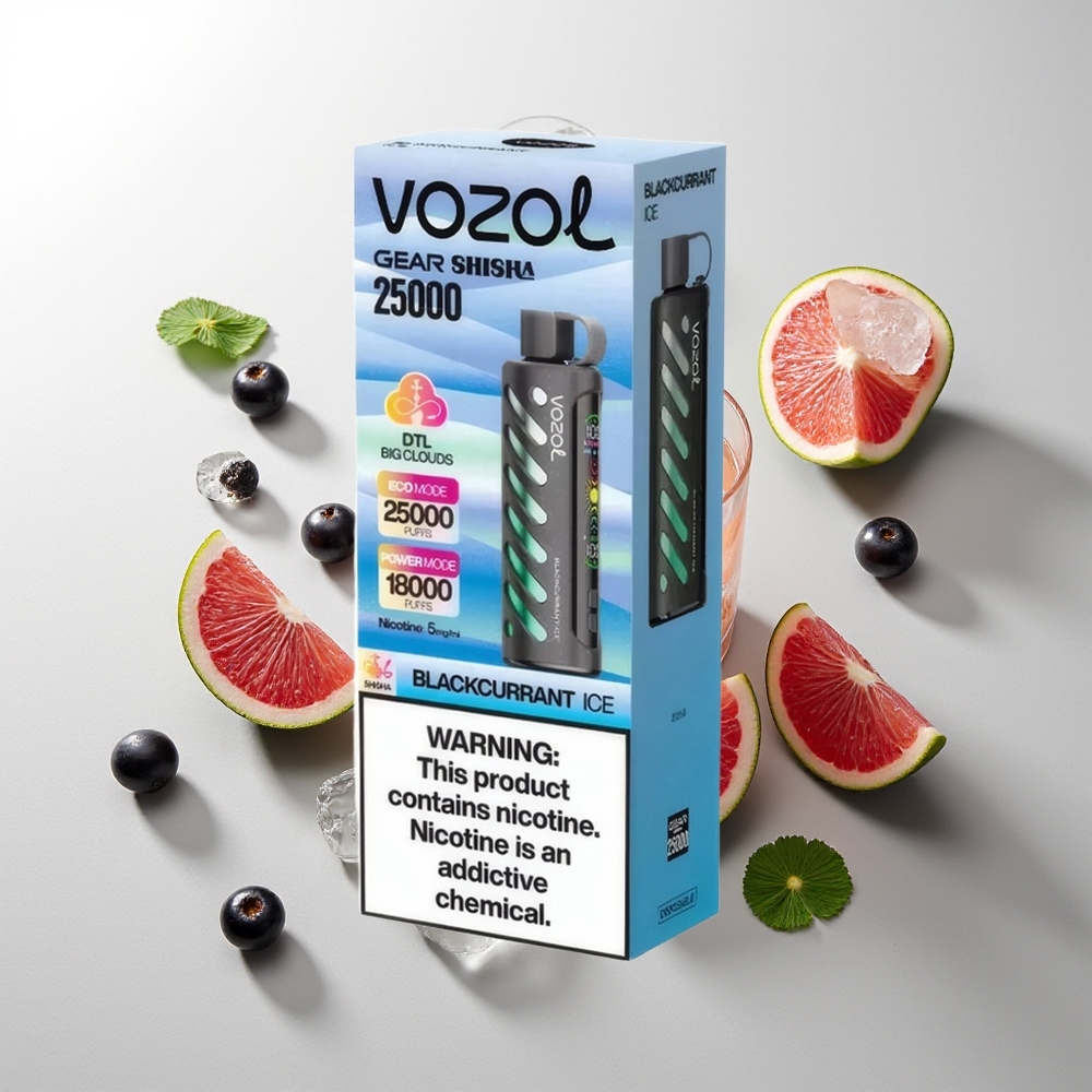 VOZOL Gear Shisha 25000 Züge Schwarzbeer-Eis Dual Mesh Dual Modes 1000mAh 5mg/ml S.i.L.C Tech